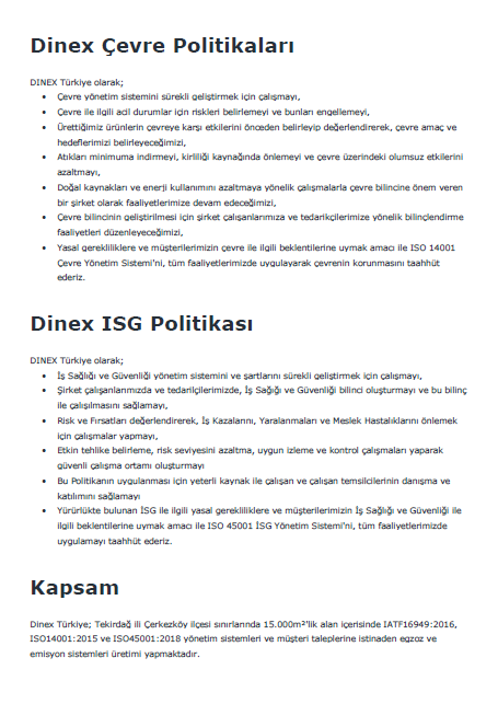 Dinex Türkiye Environmental Policy